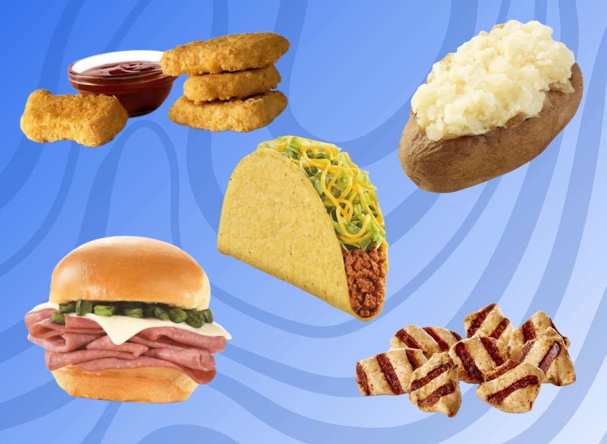 multiple fast-food menu items on a blue background