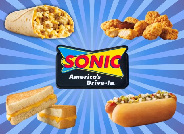 Sonic logo and food items on a blue background