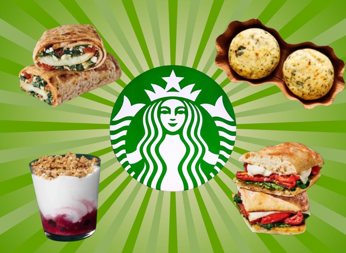 Starbucks logo and four food items on a green background