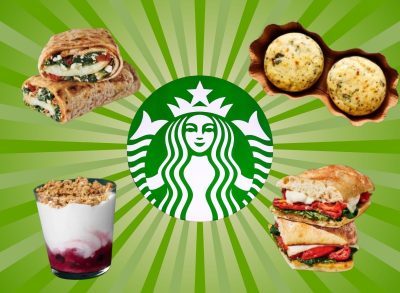 Starbucks logo and four food items on a green background