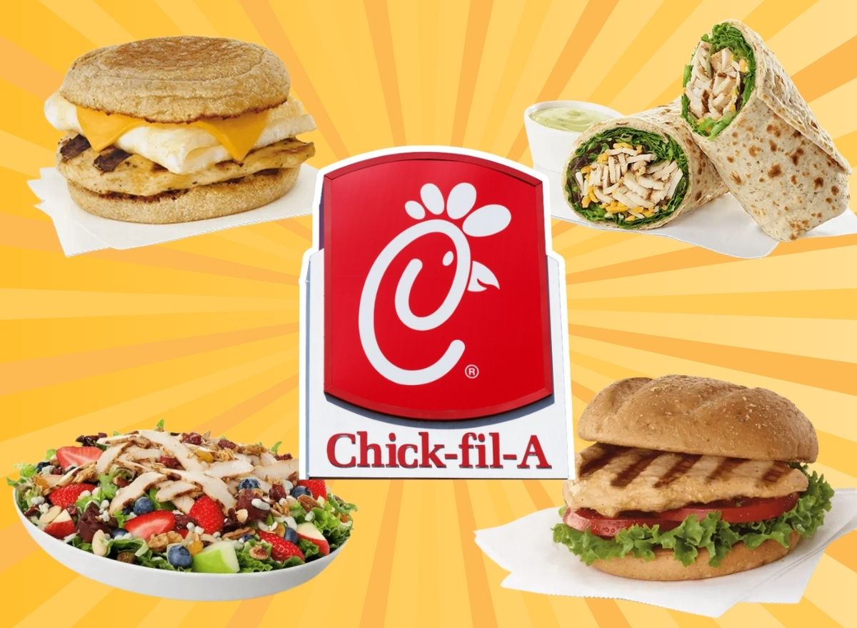 Chick-fil-A sign and menu items on a yellow background
