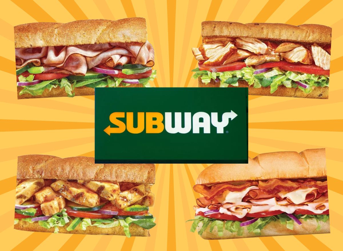 four subs and Subway sign on a yellow background