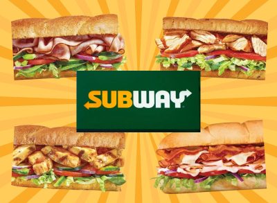 four subs and Subway sign on a yellow background