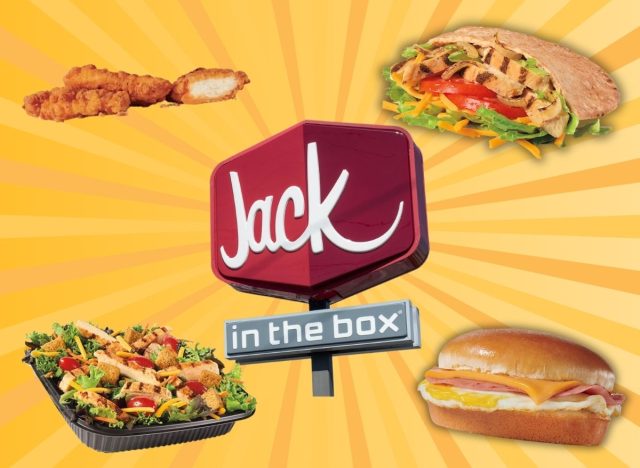 Jack in the Box sign and food items on a yellow background