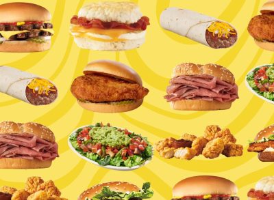 various fast food items on a yellow background