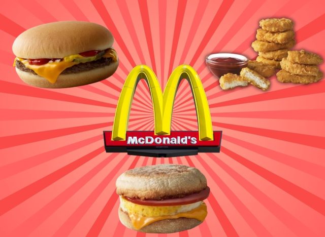 McDonald's logo and food items on a red background