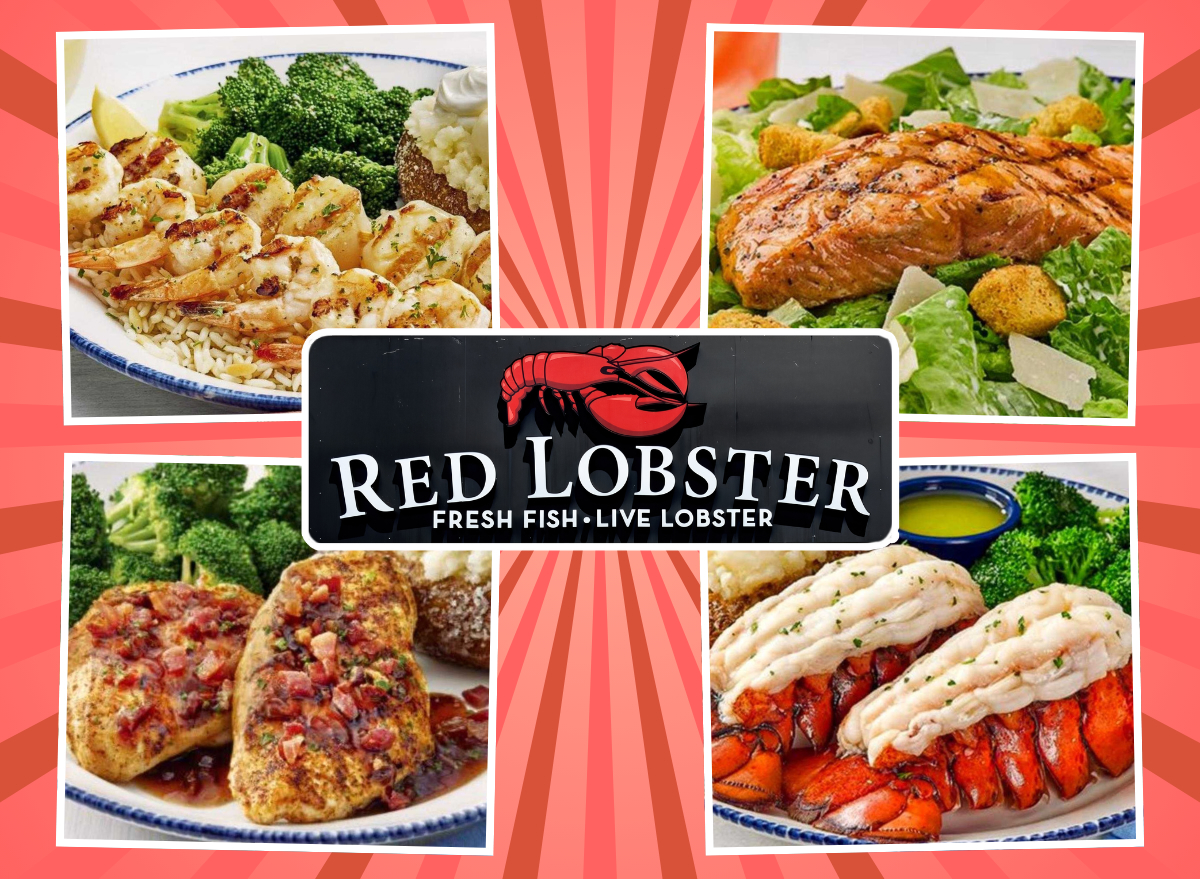 collage of healthy menu items around a red lobster logo on a red background