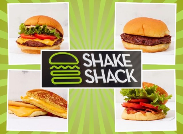 Shake Shack logo and food items on a green background