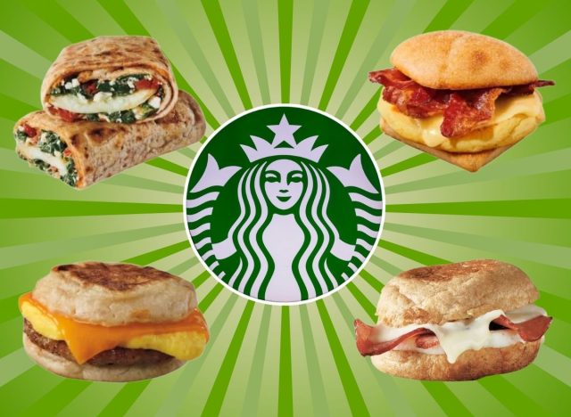 starbucks logo and food items on a green background