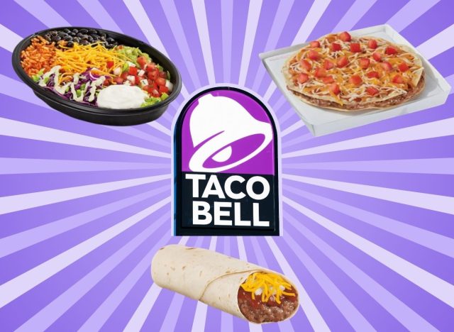Taco Bell sign and food items on a purple striped background