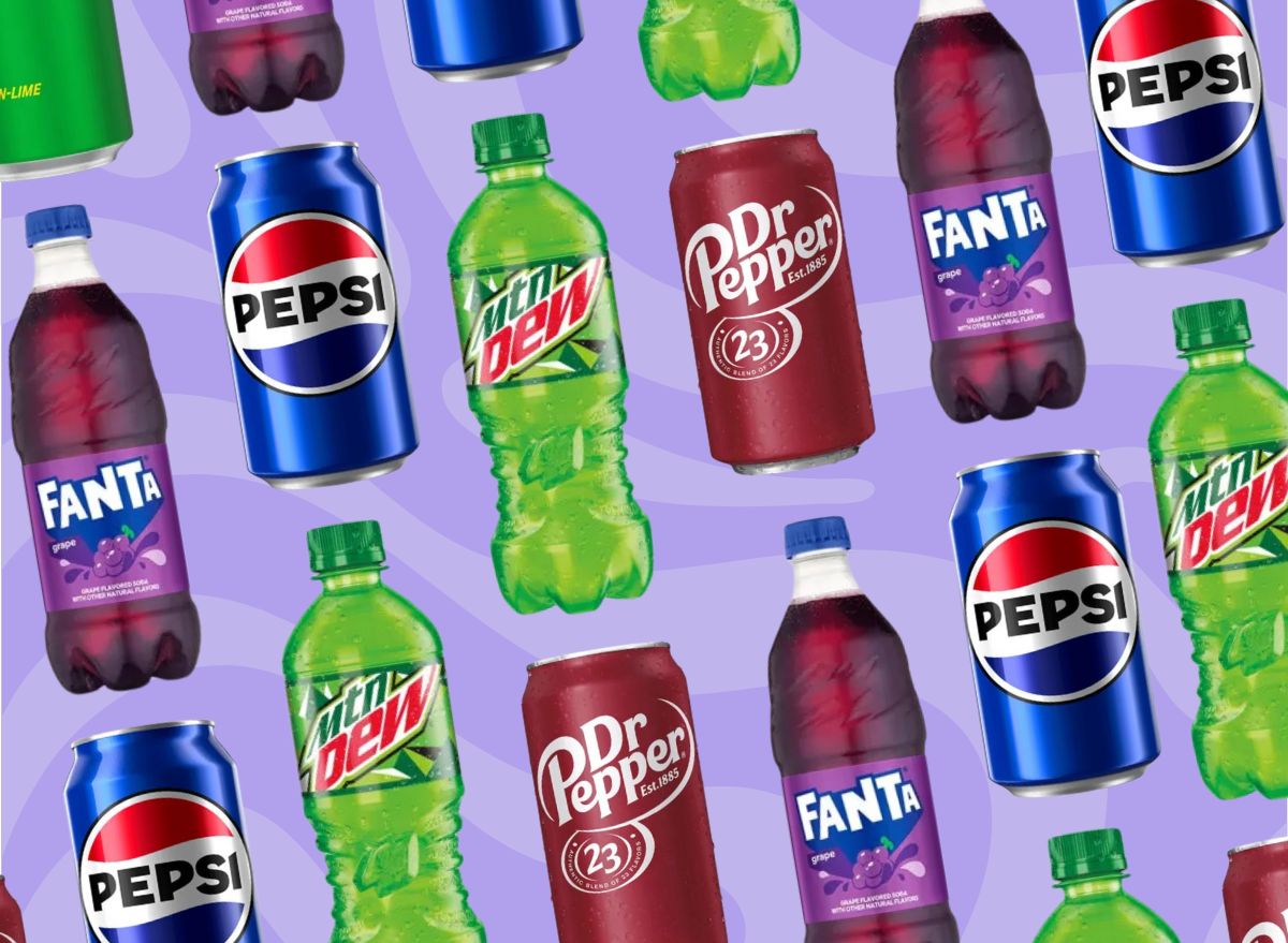 multiple brands of soda bottles and cans on a purple background