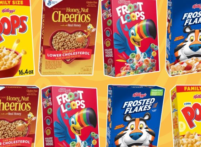 four brands of cereal boxes on a yellow background