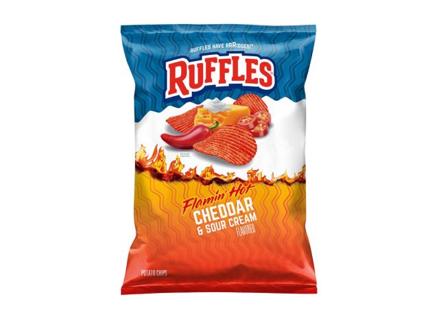 bag of Ruffles Flamin' Hot Cheddar & Sour Cream on a white background
