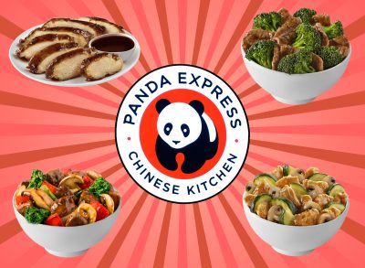 healthy menu items at panda express collage on red background