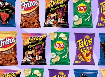 various bags of chips on a purple background