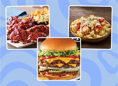 collage of three unhealthy restaurant chain menu items on a blue background
