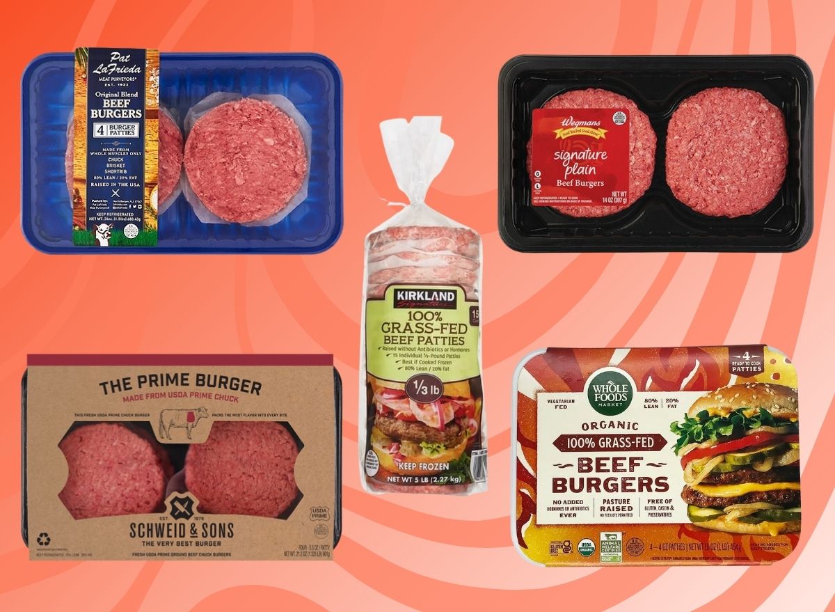 An array of store-bought burger patties set against a vibrant reddish background