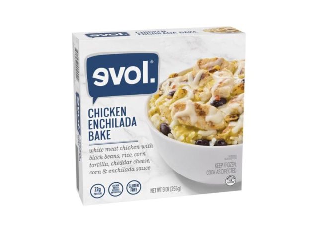 box of Evol Chicken Enchilada Bake on a white background