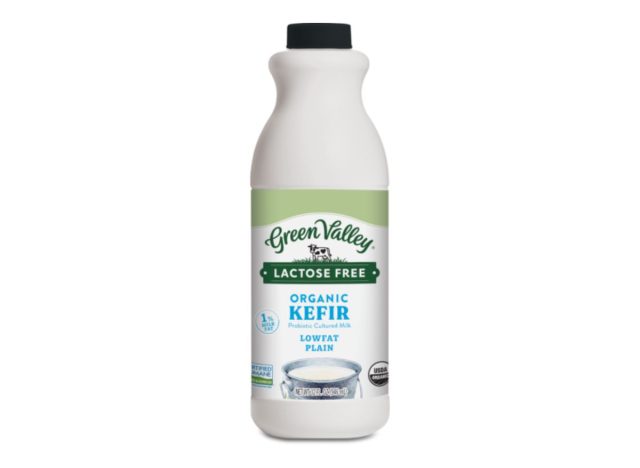 carton of green valley organic kefir on a white background