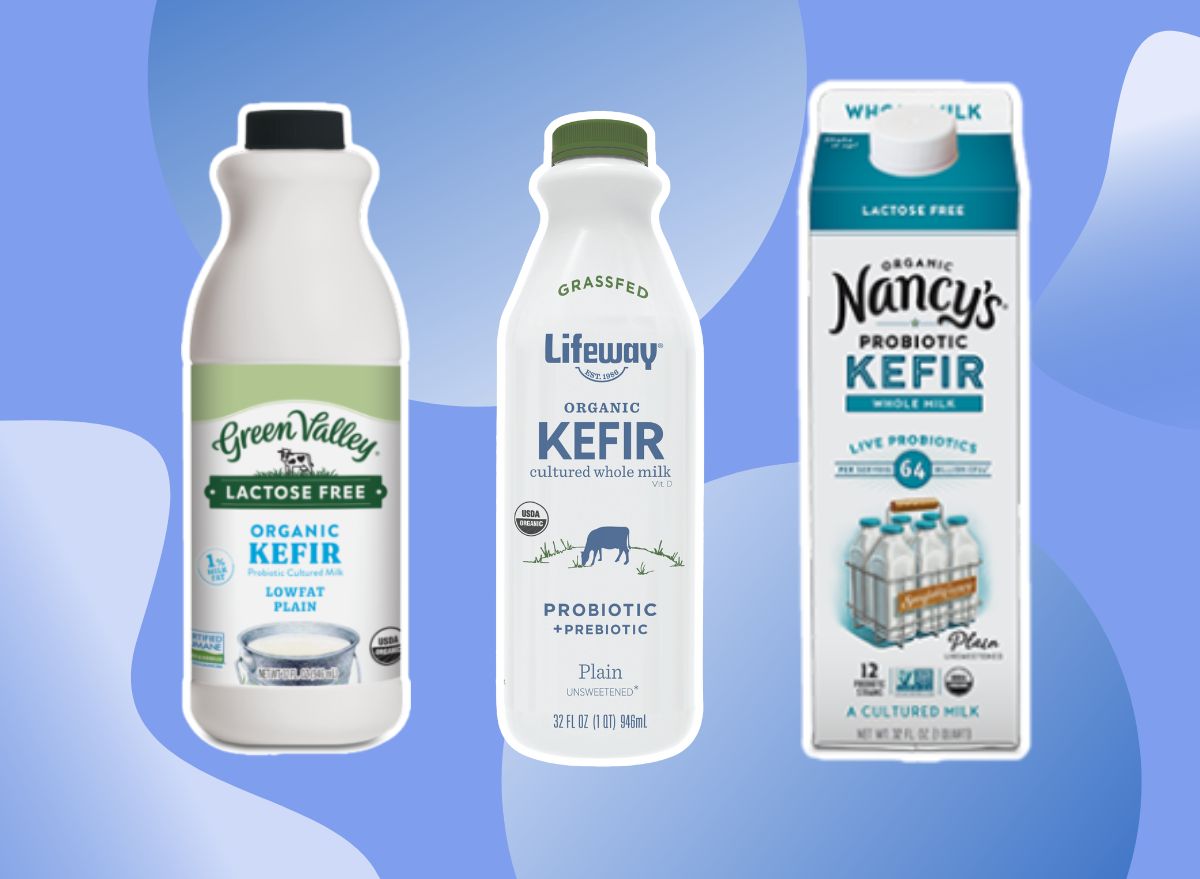 three Kefir brands on a blue background