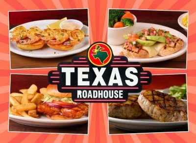four Texas Roadhouse menu items on a red background