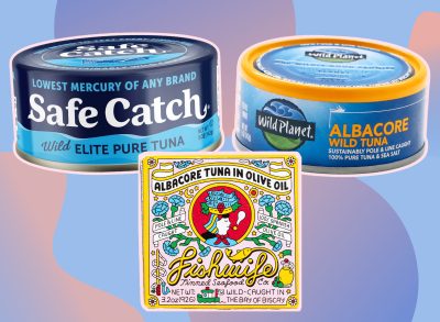 collage of three healthy canned tuna brands on a designed blue background