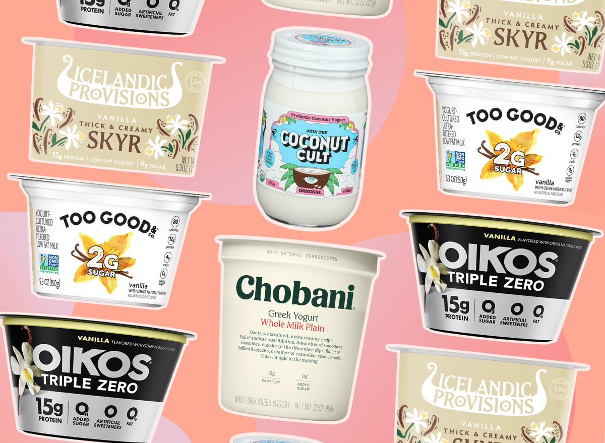 healthy yogurt brands collage on a pink background