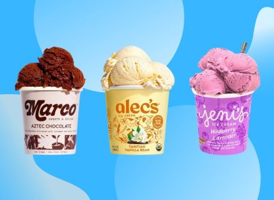 a collage of Marco, Alec's, and Jeni's ice cream pints on a designed blue background