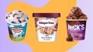 a collage of three pints of popular ice cream brands on a designed purple and yellow background