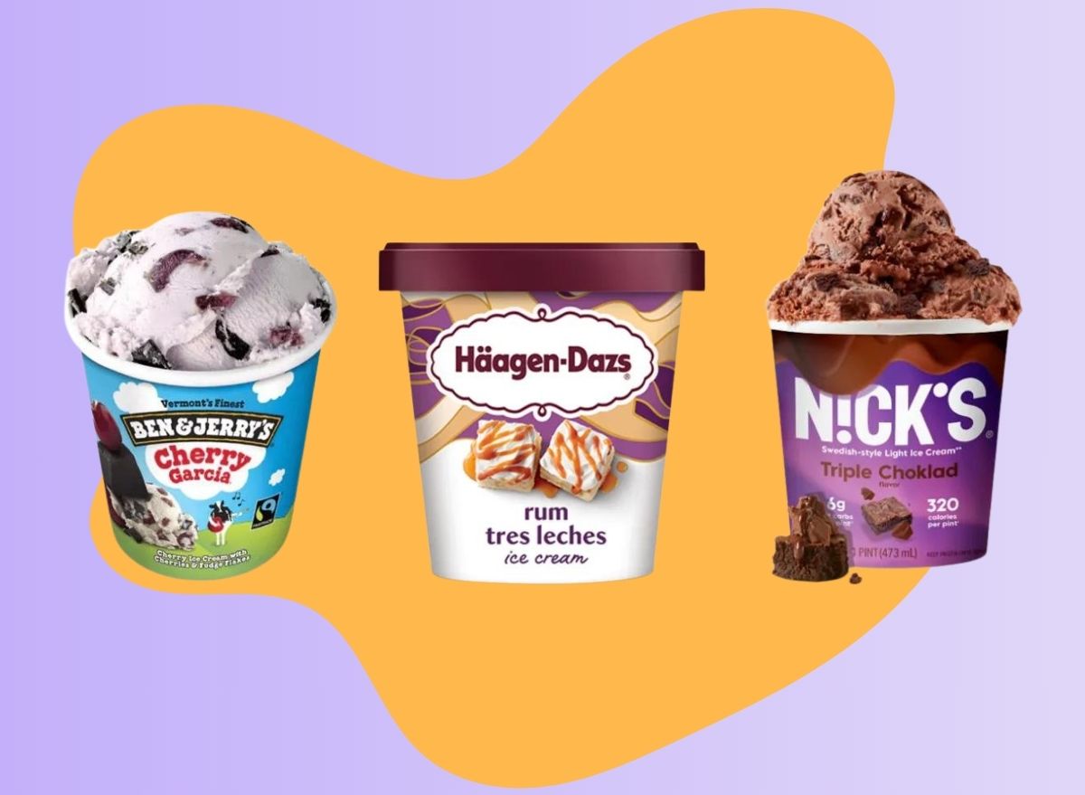 a collage of three pints of popular ice cream brands on a designed purple and yellow background