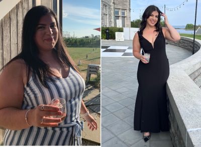 100-pound weight loss split image