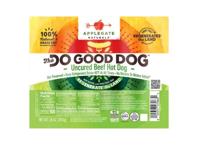 package of Applegate hot dogs on a white background