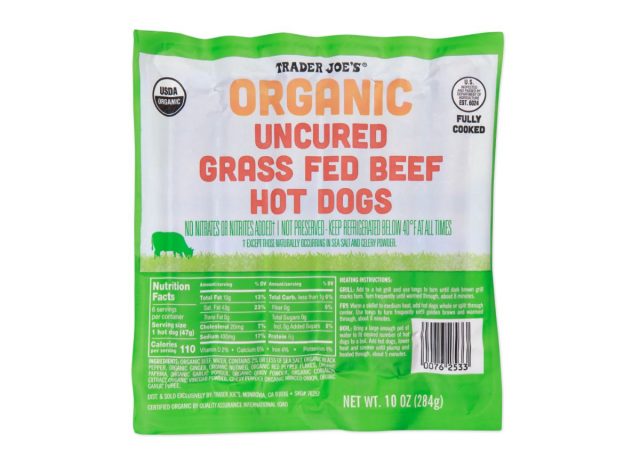 package of Trader Joe's uncured beef hot dogs