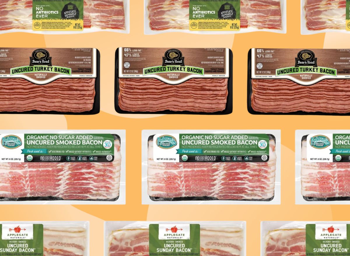 various bacon brands on an orange background