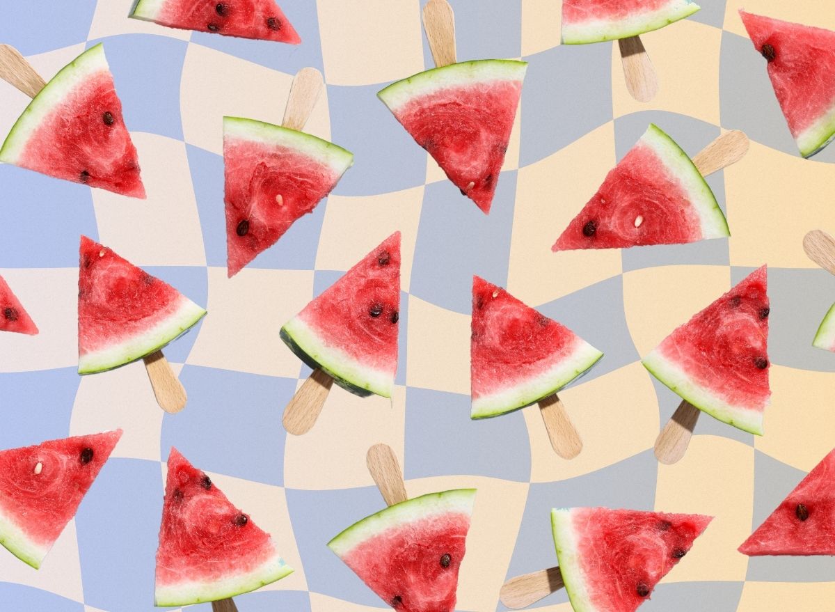 a collage of sliced watermelon popsicles on a wavy designed background
