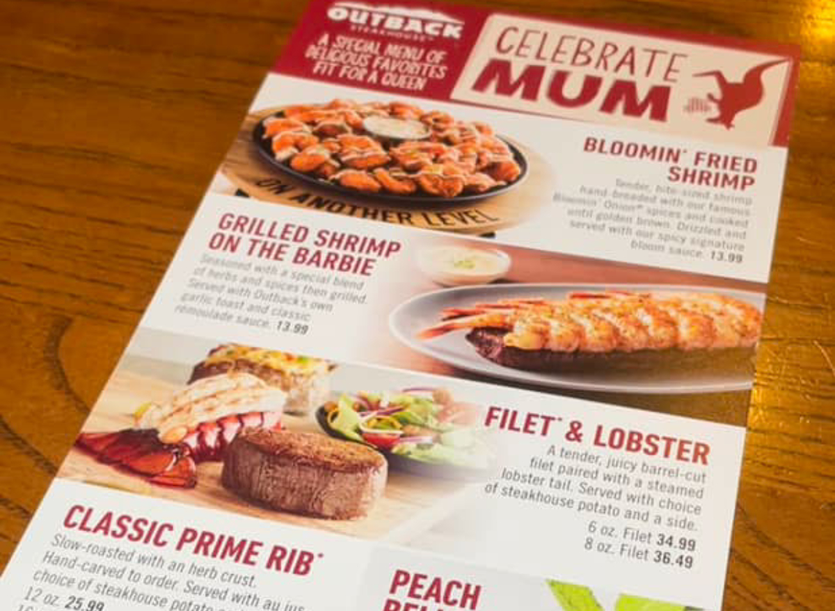 Menu for outback store with prices