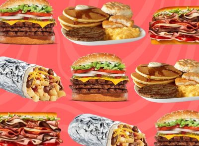 multiple fast food items on a red background