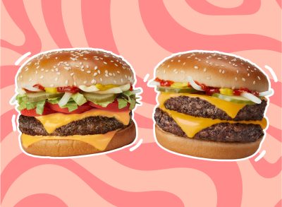 two mcdonalds burgers side by side with white outline on a red designed background