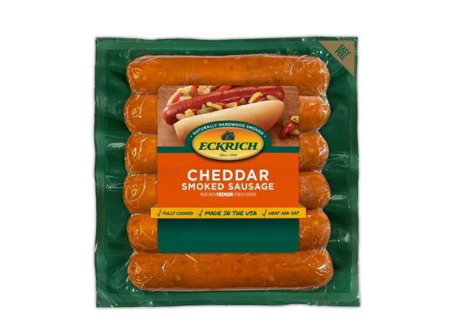 package of smoked sausage on a white background