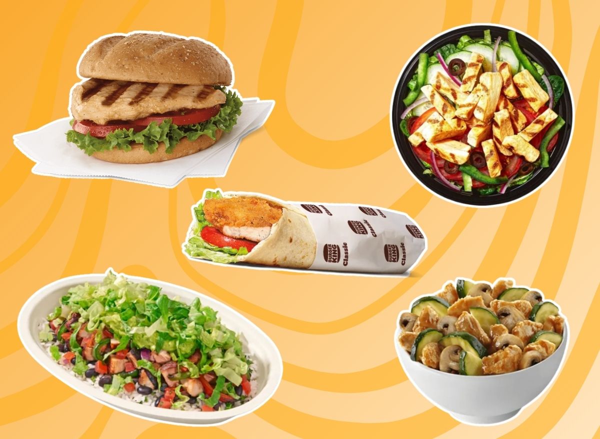 five healthy fast-food meals on a yellow background