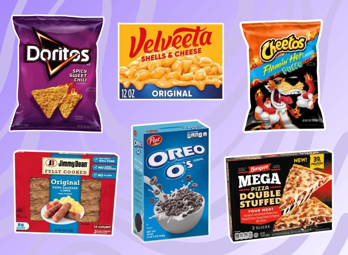 multiple grocery items on a purple background