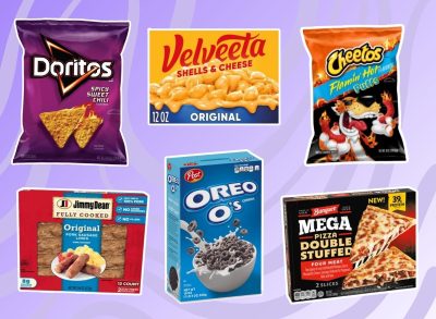 multiple grocery items on a purple background