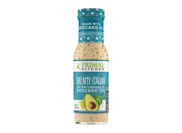 bottle of Primal Kitchen Italian dressing on a white background