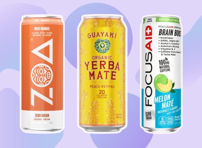 best healthy energy drinks collage of three energy drinks on a purple background