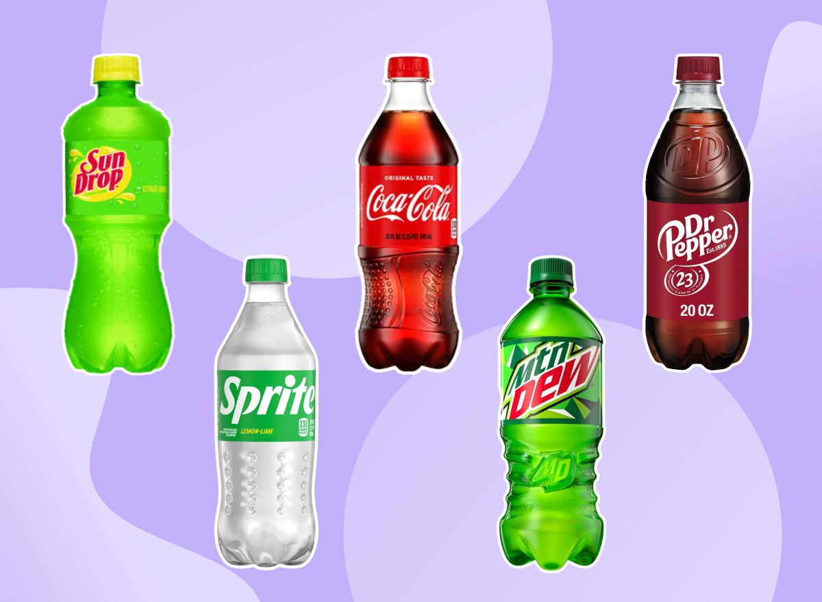 five soda bottle brands on a purple background