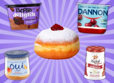 yogurts with more sugar than a jelly donut collage on purple background