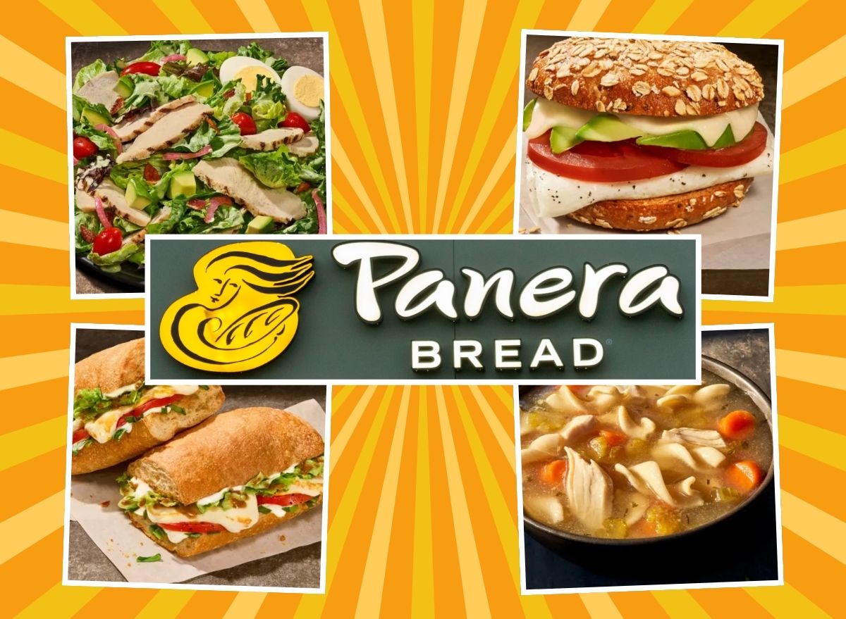 Panera Bread sign and menu items on a yellow and orange background