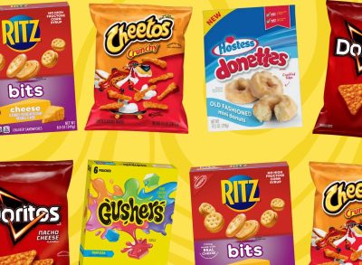multiple brands of snacks on a yellow background