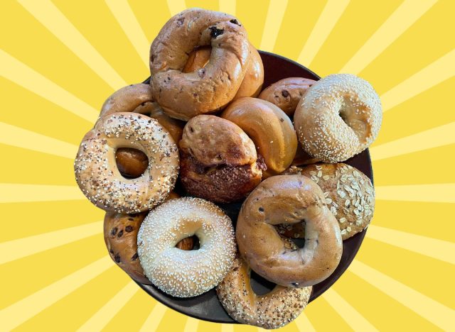 A spread of different bagels from Panera Bread on a colorful background