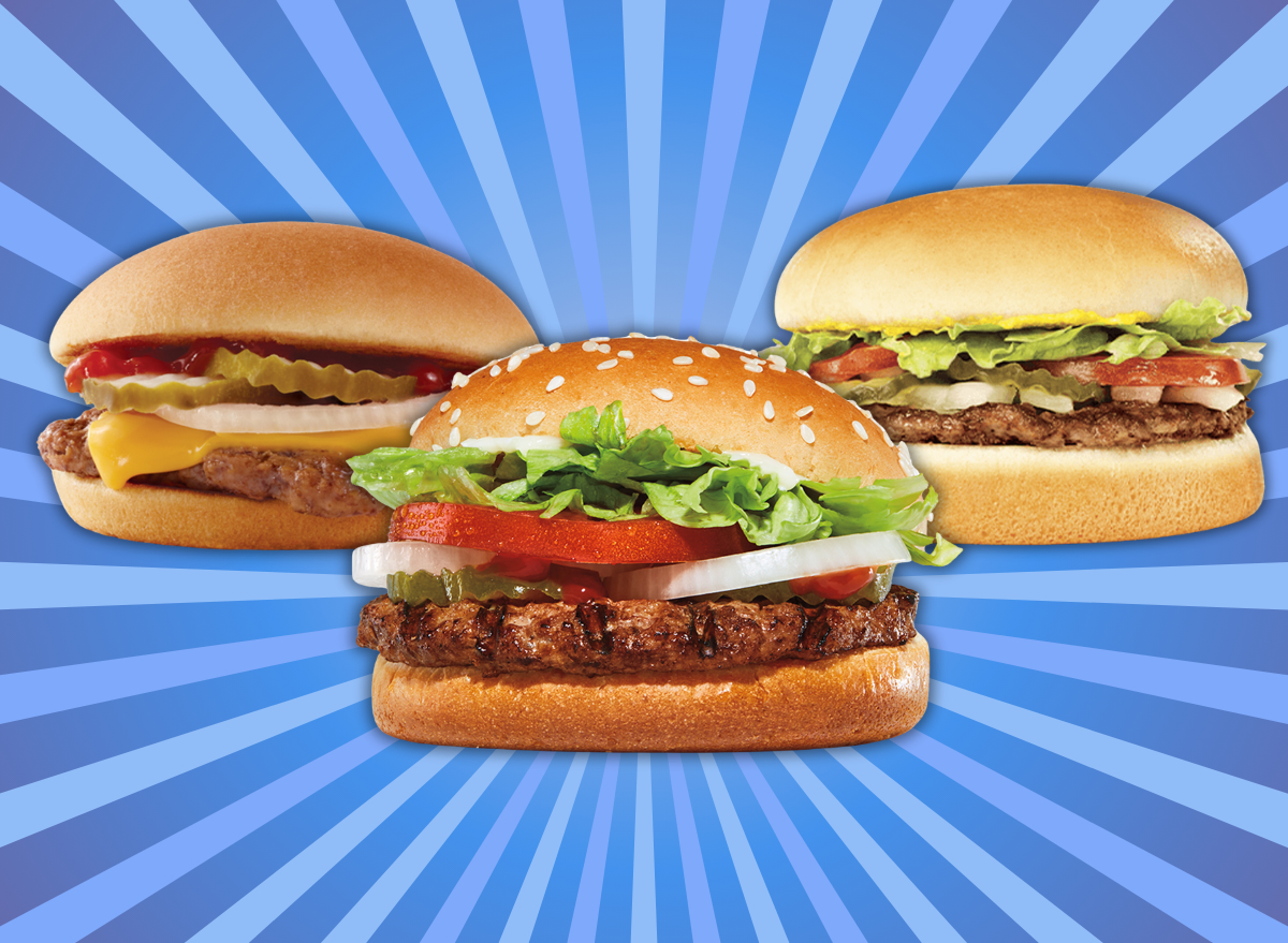 healthiest fast food burgers collage of burgers from 3 chains on a starburst blue background